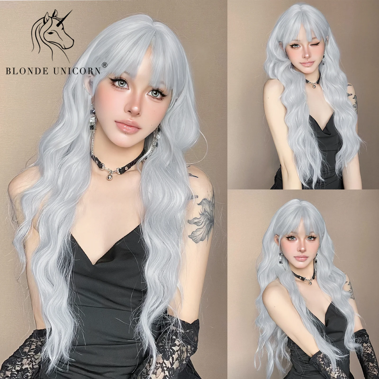 Blonde Unicorn Long White Sliver Synthetic Wigs with Bangs Wavey Daily Party Cosplay Wigs for Women Heat Resistant Fiber Hair