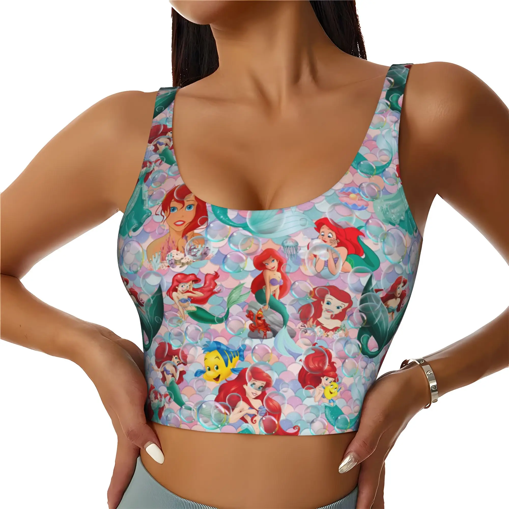Custom Women Littles Anime Mermaides Sports Bras  High Impact Gym Workout Yoga Crop Tank Tops