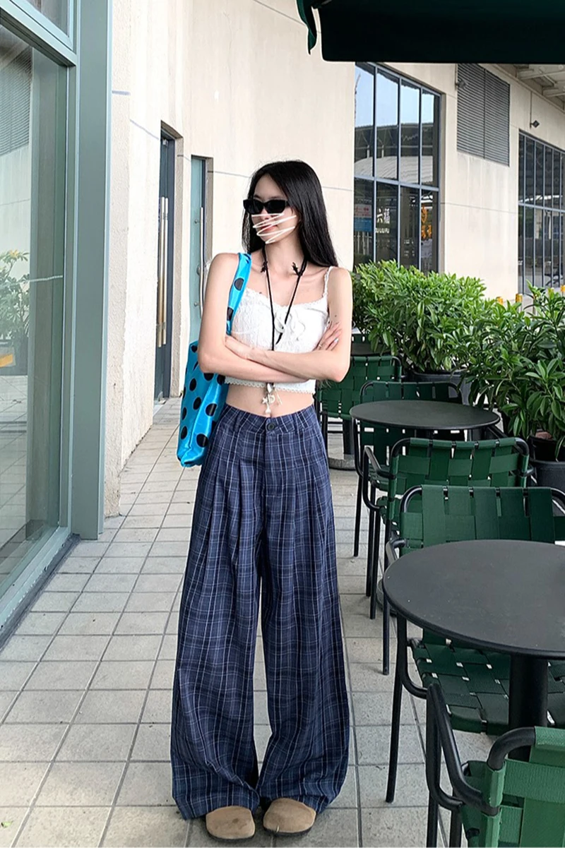 อเมริกันวินเทจลายลายสก๊อตกางเกงขากว้างผู้หญิงสีน้ำเงินเข้มตารางกางเกงทรงหลวมสุภาพสตรีเกาหลีเอวสบายๆกางเกงตรง