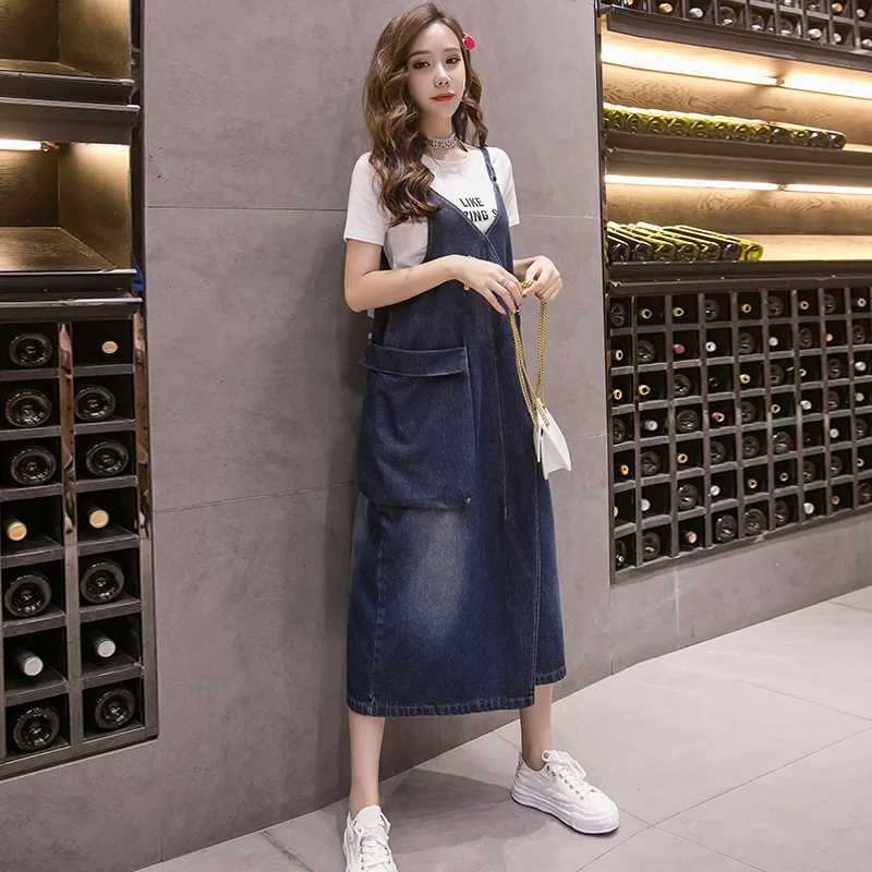 Long Knee-Length V-Neck Denim Halter Dress Korean Style Wide Leg Casual Summer Fashion Women's Vest Skirt Original Design