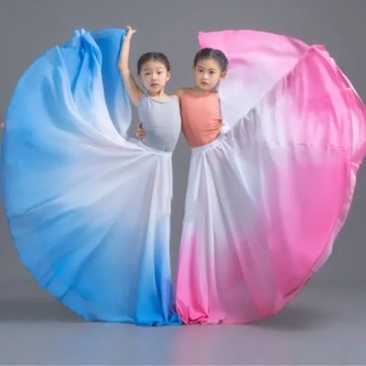 Falda de danza clásica para niñas, con alas grandes, de color degradado, falda de gasa de 720 grados, estilo étnico, moderna, para danza flamenco, faldas largas, estilo hanfu.