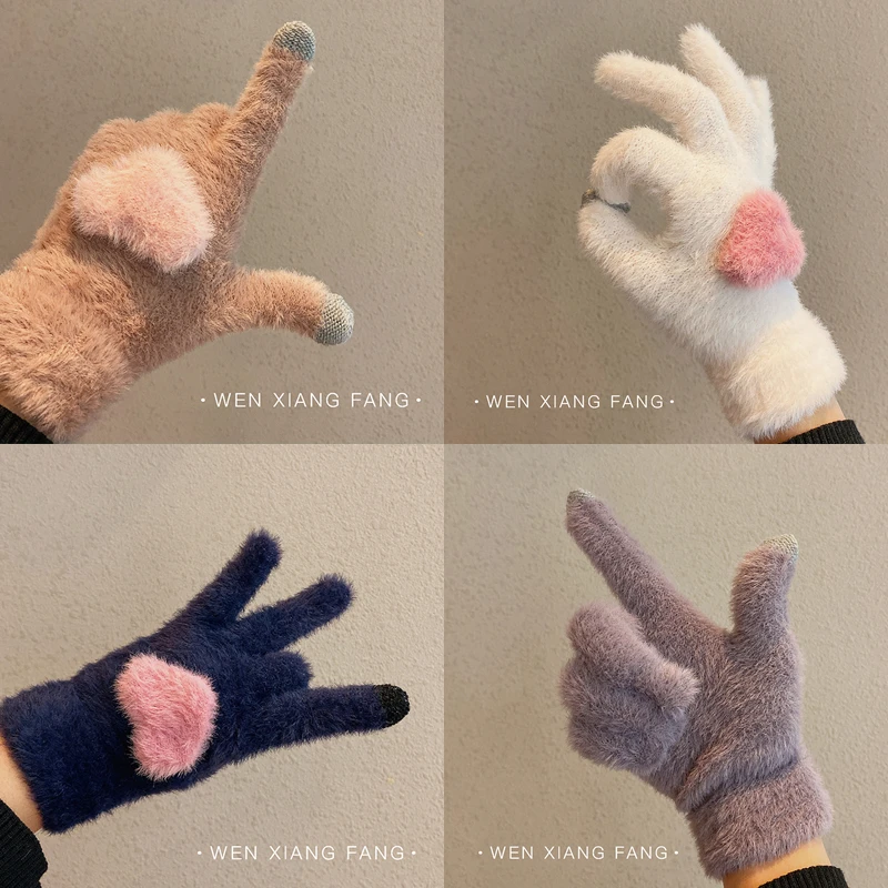 Gants de cyclisme en peluche pour femmes, chauds, épais, mignons, hiver