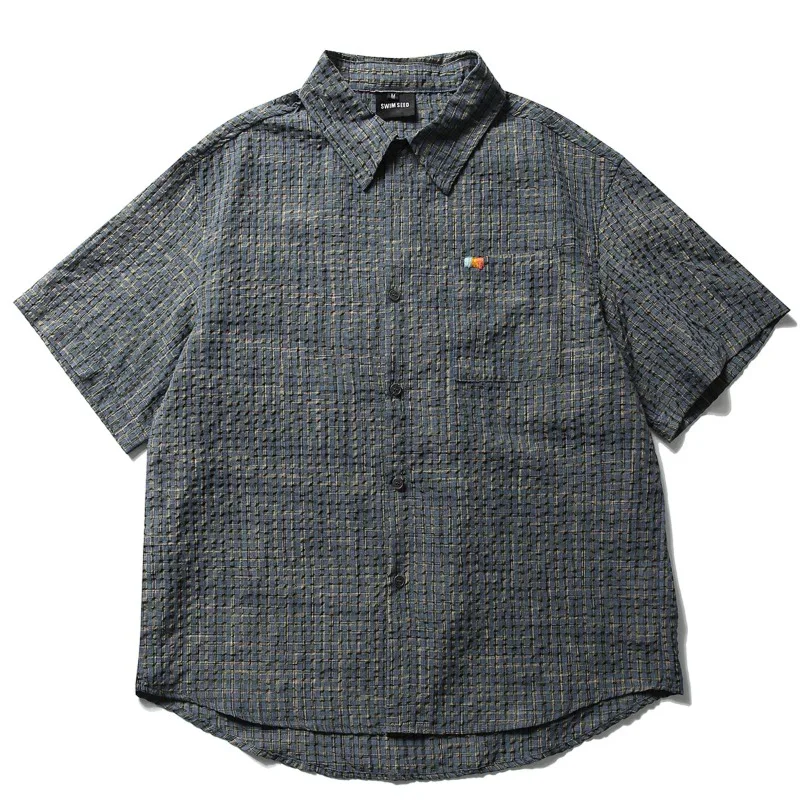 

Japanese Retro Plaid Short Sleeved Cargo Shirt for Men 2026 Summer Korean Fashion Harajuku Men's Loose Casual Shirt Streetwear