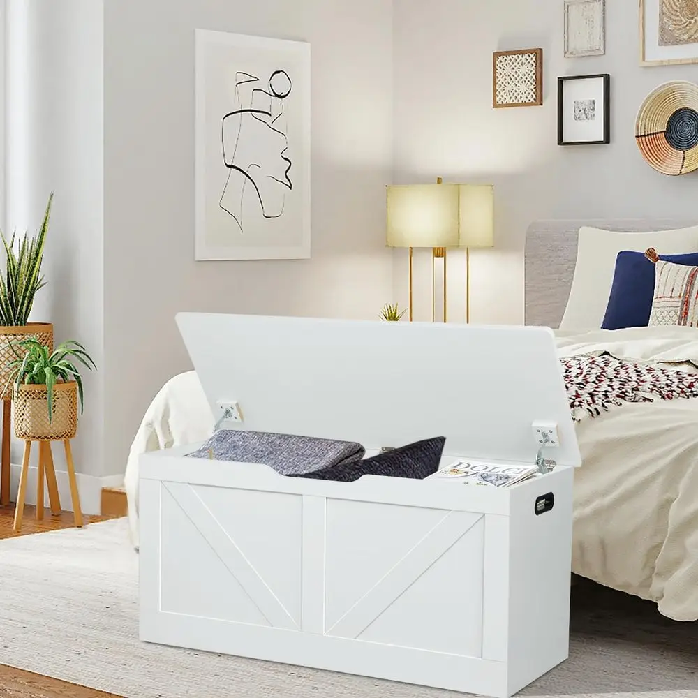 กล่องเก็บของไม้ขนาดใหญ่พร้อมบานพับนิรภัย 2 บาน, ม้านั่งเก็บรองเท้าสีขาวสำหรับห้องนั่งเล่นและห้องนอน