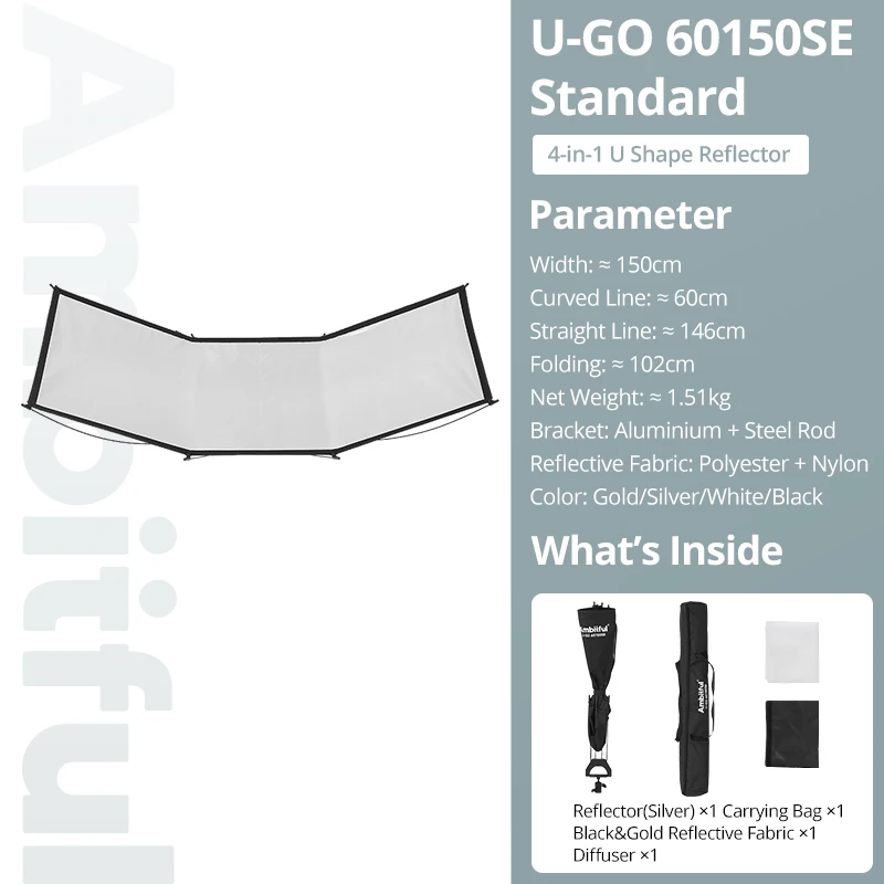 Ambitful 4-in-1 U-vormige reflector UGO 46105SE 60150SE, goud, zilver, zwart, wit, diffusers, met één druk op de knop te openen en te sluiten, reflecterend scherm.