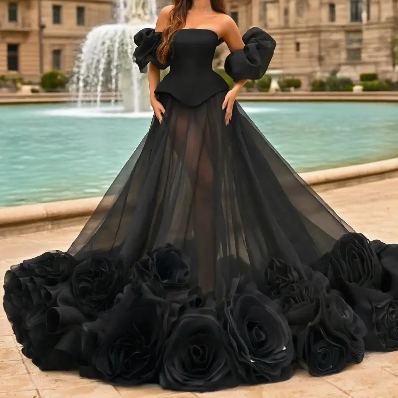 

Custioned Sexy Illusion Black Sheer Tulle With Puff Sleeves Elegant Black Roses Flower Romantic vestidos de novia Wedding Dress
