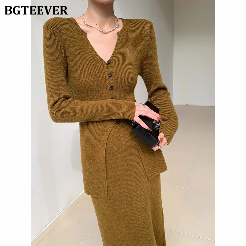 BGTEEVER Autumn Winter Vintage Slim Ladies Skirt Set V-neck Single-breasted Cardigans Sweaters Women Package Hip Skirts