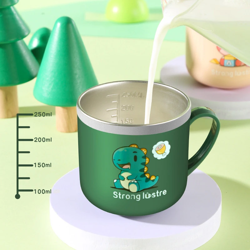 Copo de bebê com tampa e palha, Anti Drop, Copo de leite em aço inoxidável 304, Desenhos animados One Hand Grip, Crianças bebendo alimentação, 250ml, 8.5oz