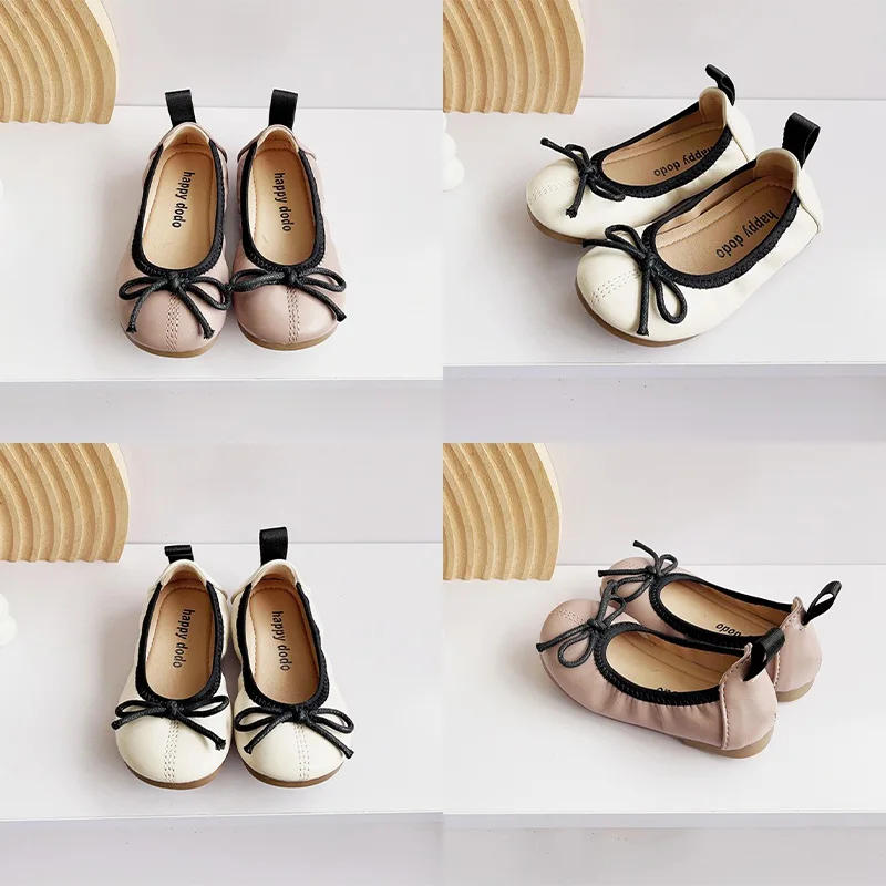 Sapatilhas de bowknot de couro PU Mary Janes para crianças, sapatos rasos para crianças, leves e antiderrapantes, sapatos casuais femininos, três cores, outono