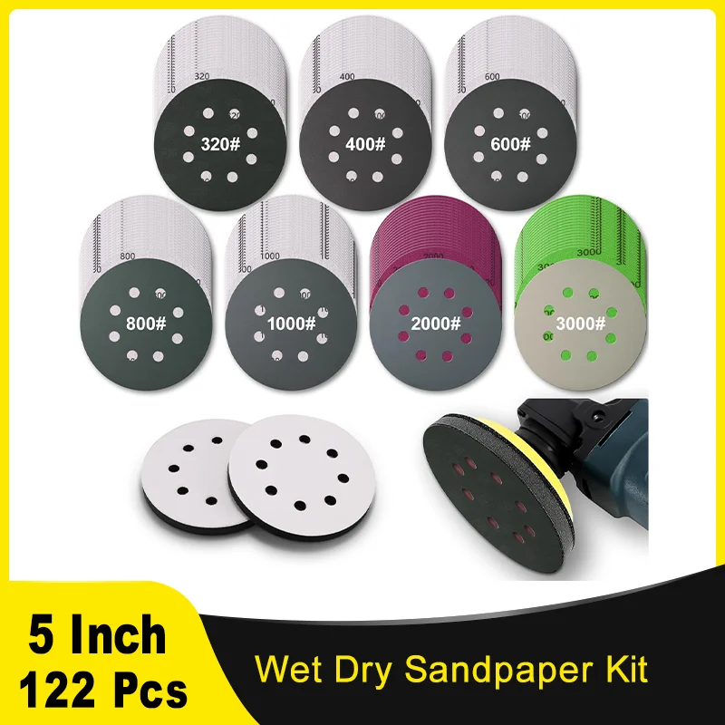 

5 Inch 8 Holes Wet Dry Sandpaper Kit with Interface Pads 320-3000 Assorted Grits Sanding Pads Assortment for Car Wood Metal