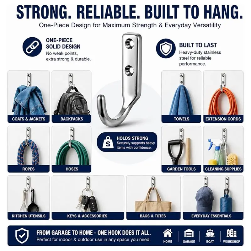 HHTL 6 Pack 316 Stainless Steel Wall Hooks For Garage Kitchen