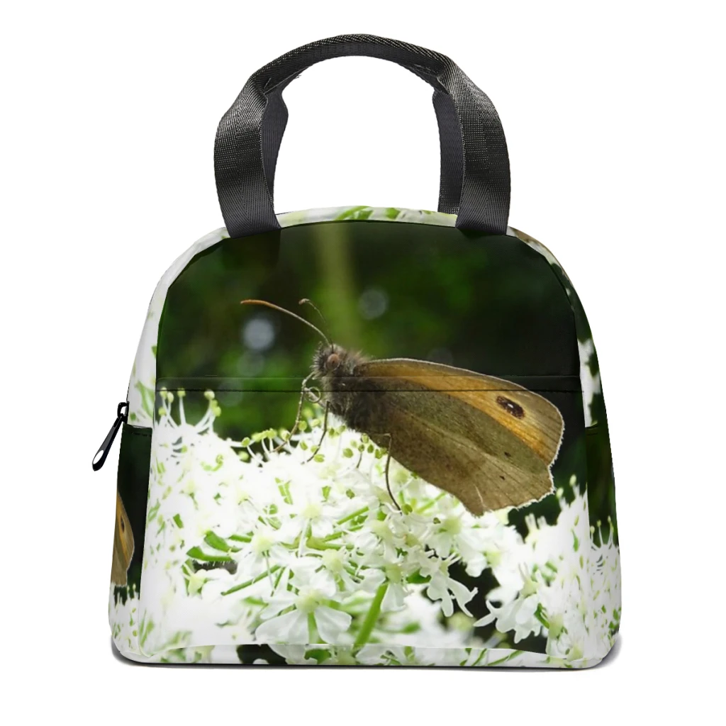 

meadow brown butterfly on angelica flowers Portable Lunch Bag Food Thermal Box Durable Cooler Lunchbox with Shoulder Strap