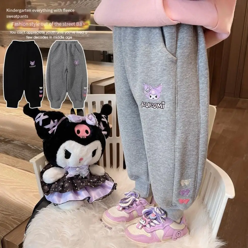 

Брюки для девочек Sanrio Kuromi, утепленные флисовые спортивные штаны с аниме рисунком, повседневные свободные брюки, детская одежда, осень-зима