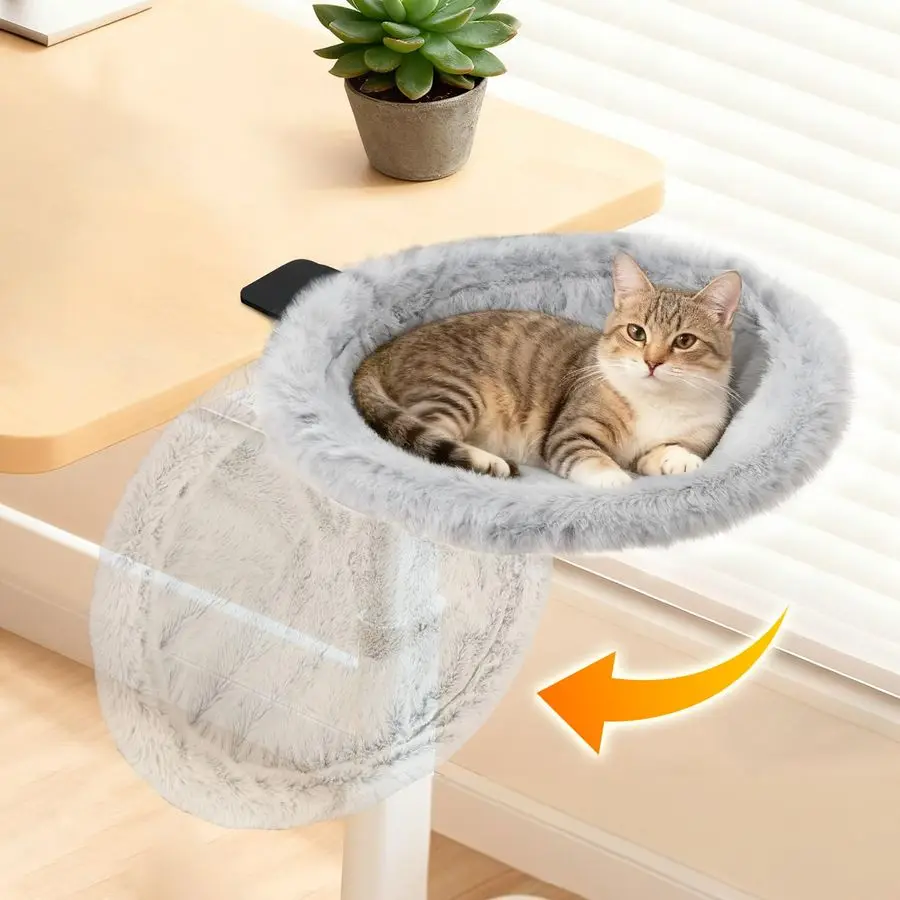 

Cat Desk Bed, Sunken Cats Hammock with Steel Clamp Hold up to 40lbs, Oneclick Foldable Cat Side Table Beds with Soft Plush, Reve