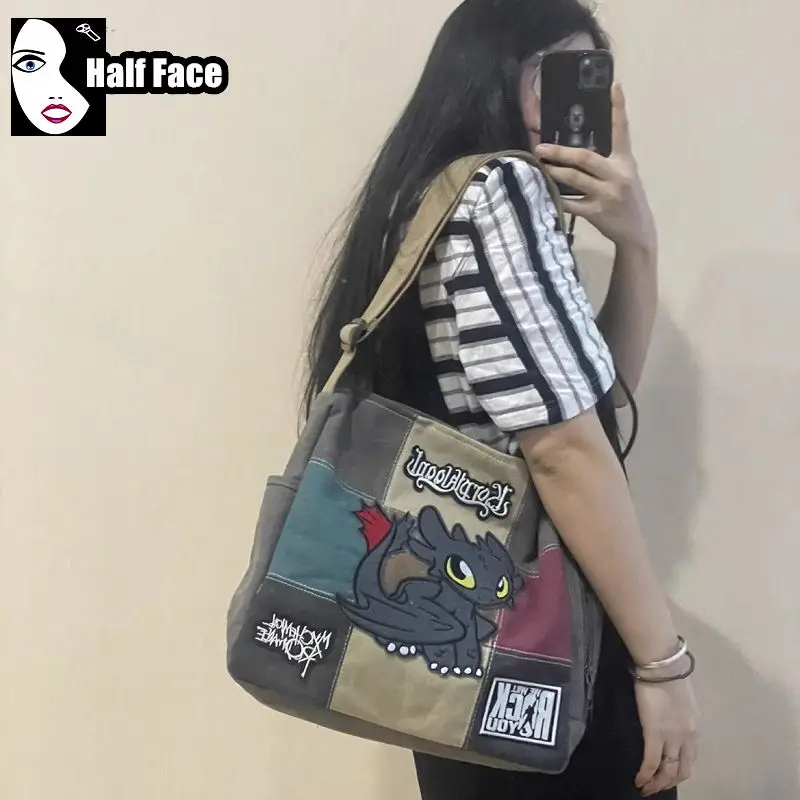 

Y2K Spicy Girl Harajuku Gothic Street Handbags Retro Stitching Large Capacity Punk One Shoulder Canvas Women Crossbody Bags Tote