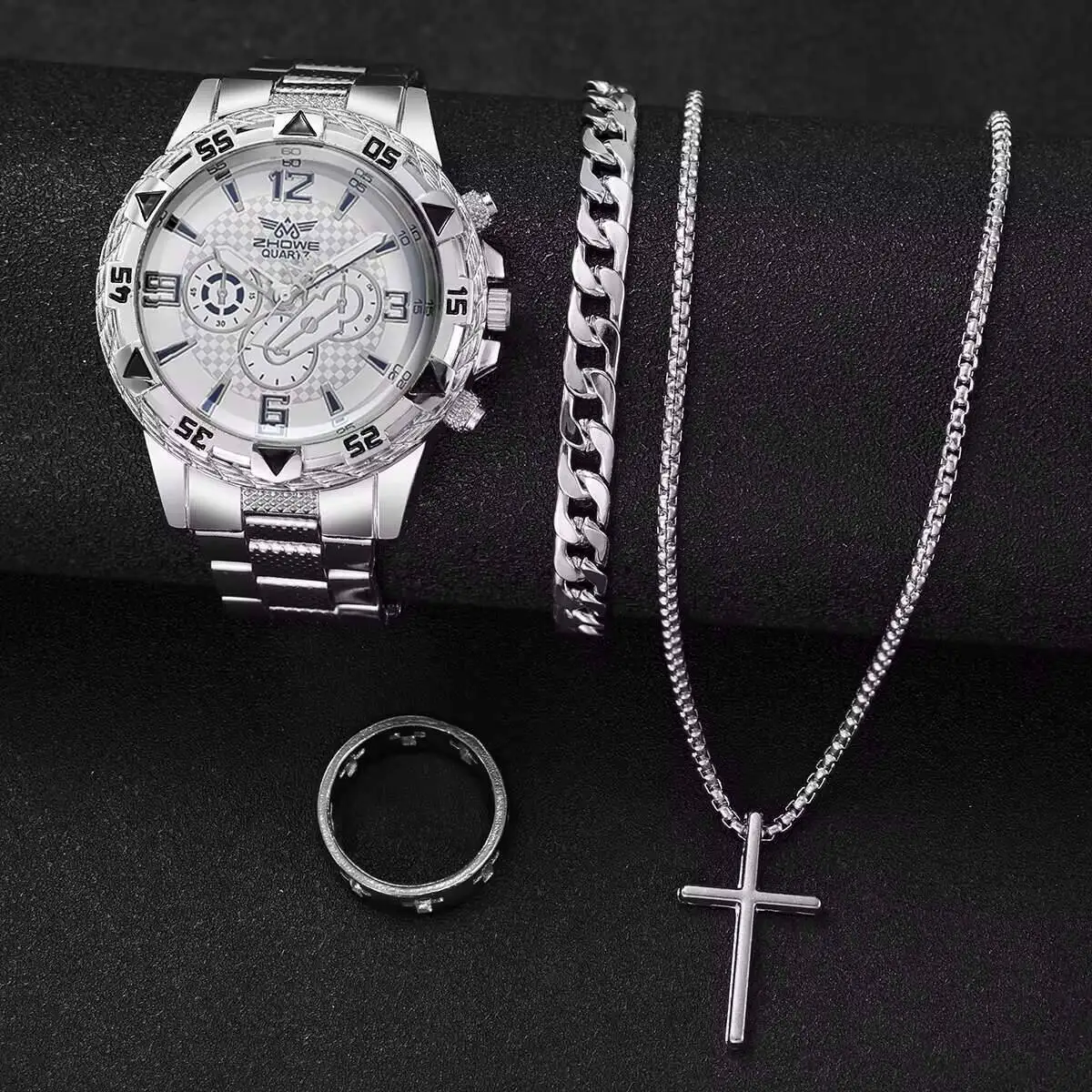 남성용 비즈니스 시계 패션 스틸 밴드, 아날로그 쿼츠 시계, Relogio Masculino 쥬얼리 세트, 박스 없음, 4PCs/세트