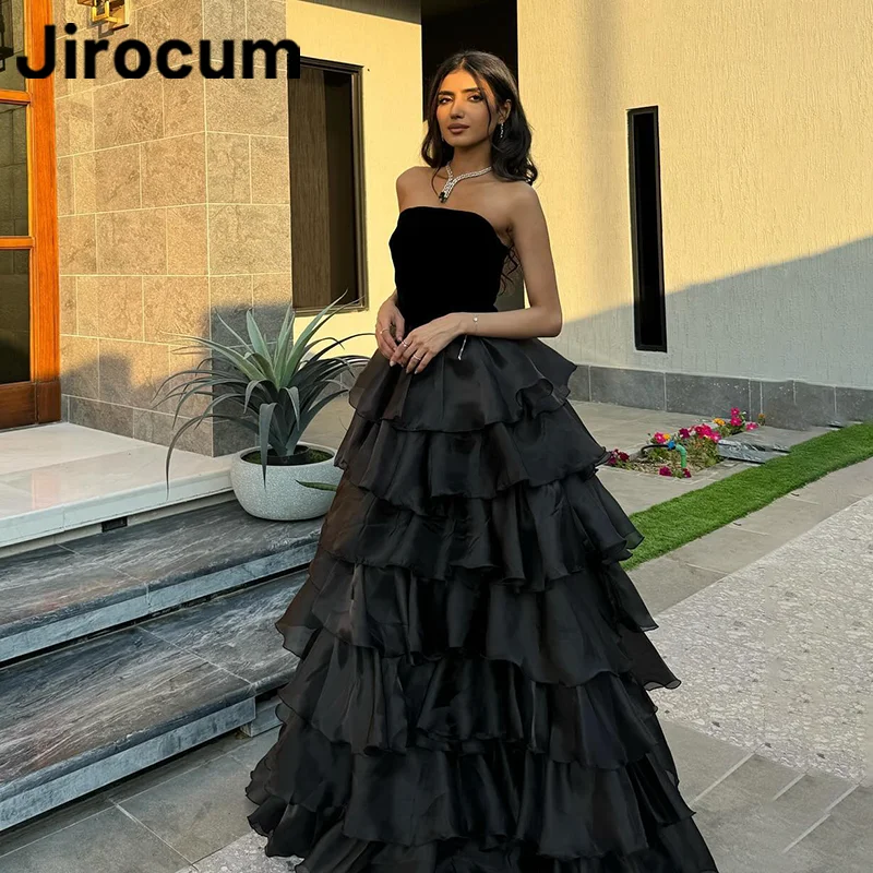 

Jirocum Black A-line Prom Dress Women's Strapless Layered Party Evening Gowns Floor Length 2025 New Formal Occasion Dresses