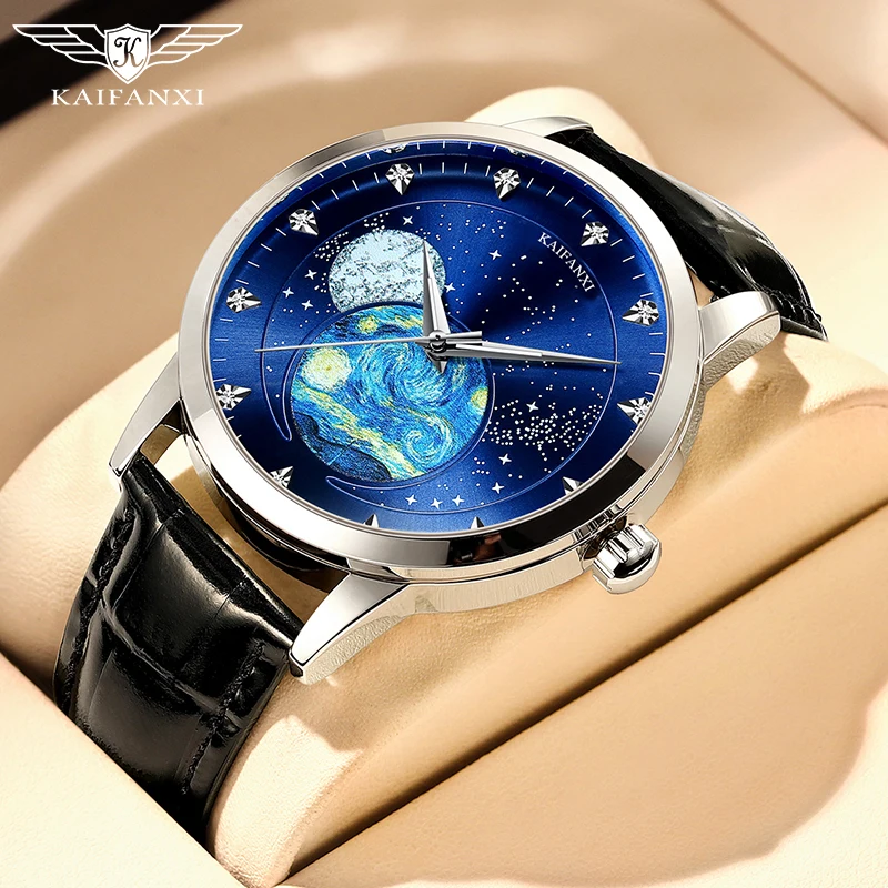 KAIFANXI Automatic Watch Men T874E Sky Blue Watches Leather Strap Luminous Watches for Men Mechincal Wristwatches Dropshipping