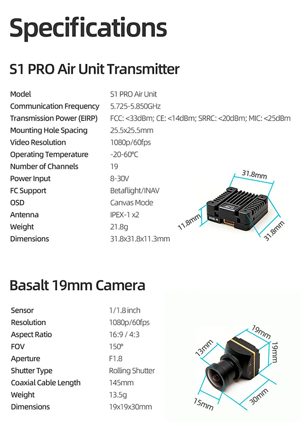 

SKYZONE S1 PRO Digital Transmitter 1080P 60fps Low Light Camera Dual Antenna For FPV Drone