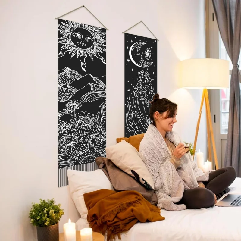 VIKAMA 2-teiliger schwarz-weißer Wandteppich mit einfachem Aufdruck der griechischen Mythologie, ideal für Wohnzimmer, Schlafzimmer oder Flur, Heimdekoration, Wandbehang