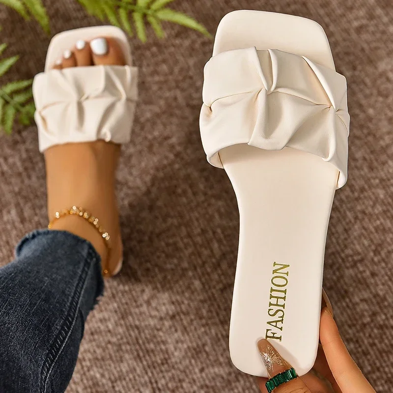 Pleated Summer Slippers Women Trend Flat Outdoor Flat Sandals For Women Flip Flops 2024 Korean Design Ladies Shoes Green Khaki image 4