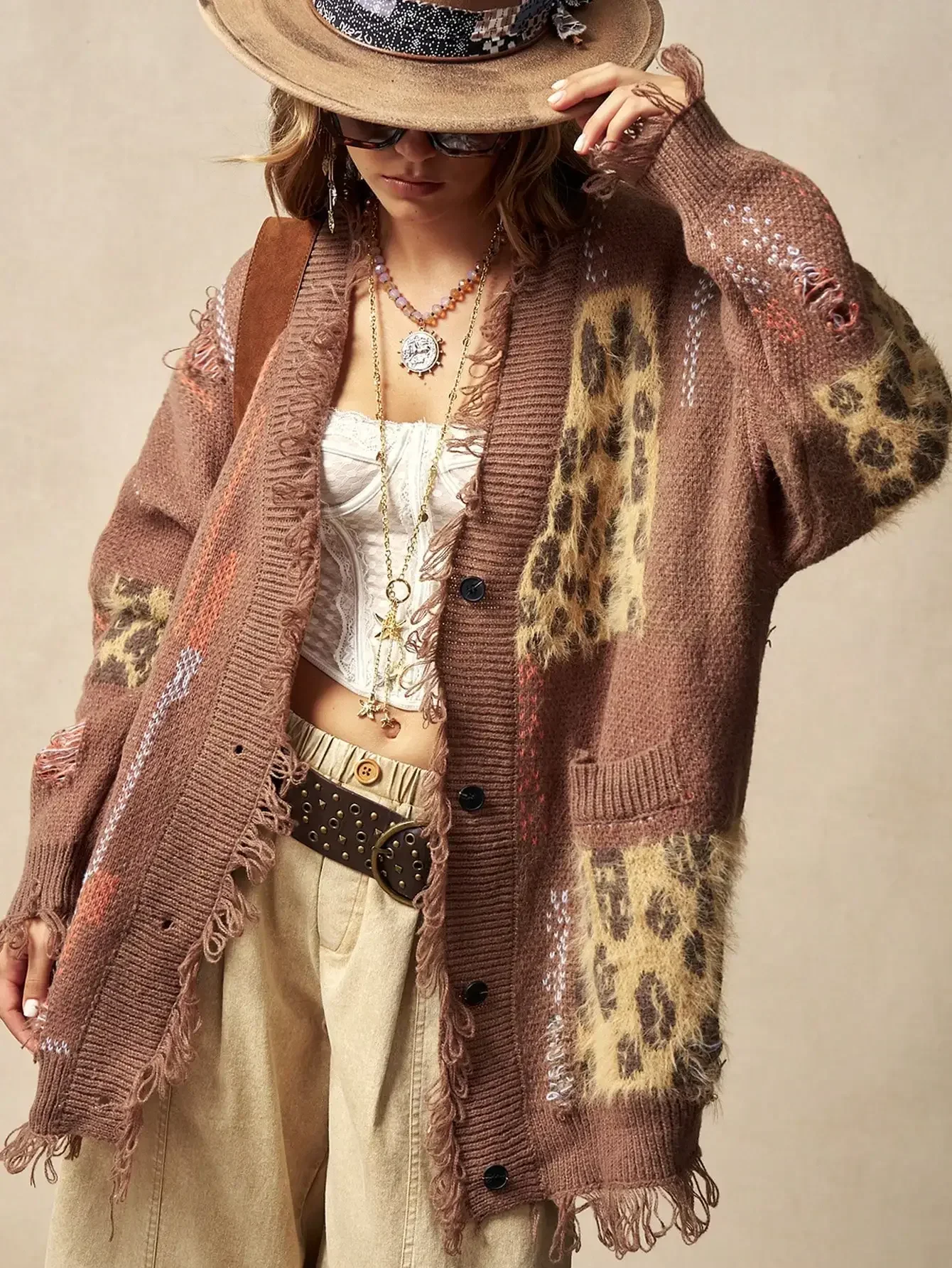 WomensOversizedVNeck Knit Cardigan Southwestern Boho Cowgirl Aesthetic Long Sleeve Fuzzy Sweater Jacket Brown Leopard Animal Print Patchwork Distressed Fringe Trim Button Down Dual Pockets Drop Shoulder Slouchy Cut For Fall Festival Outfits Christmas Gift