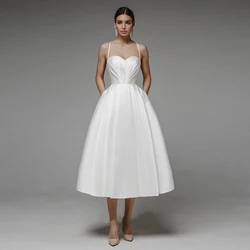 Modern Tea Length Wedding Dress Sweetheart Neck Sleeveless Criss-Cross A Line Pleat White Bridal Gown For Bride Engagement Party