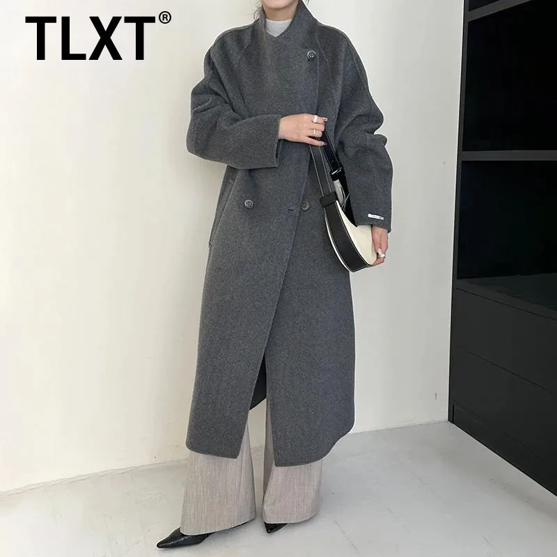 

TLXT fashion women's Large Lapel Raglan Sleeve Double Row Two Button Loose Double-faced Woolen Coat Niche Chic Autumn Winter