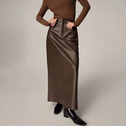 Autumn Winter Vintage Brown A-line Sheepskin Leather Skirt for Women 2024 New Elegant Ladies Slim Long Black Real Leather Skirts