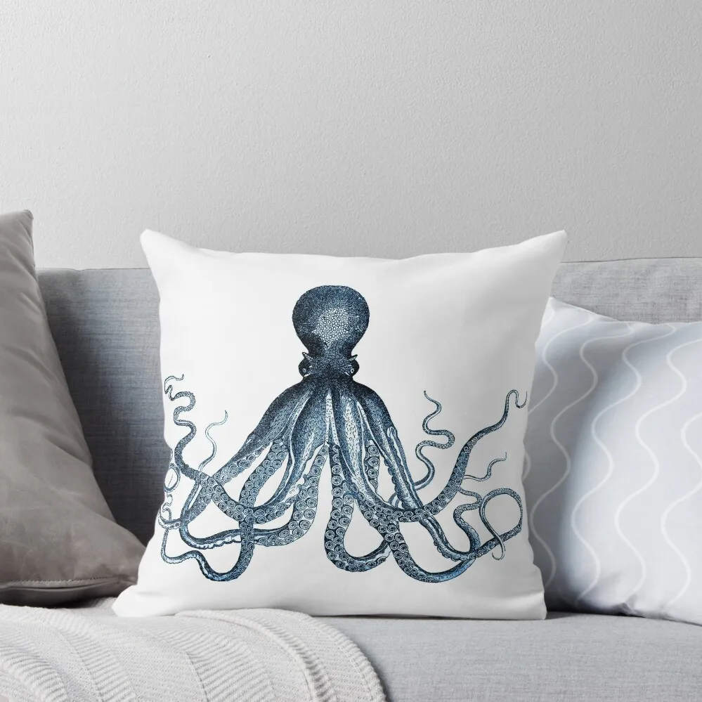 Vintage Octopus Art Print Blue ~ Kraken ~ Nautical ~ Retro 0389 Throw Pillow Christmas Throw Pillows Covers pillow