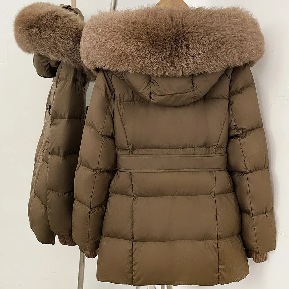 OFTBUY Damen-Winterjacke aus Entendaunen mit großem, natürlichem Fellkragen, Kapuze, Reißverschluss, Gürtel und tailliertem Schnitt, mit Fell für Damen – Detail 25