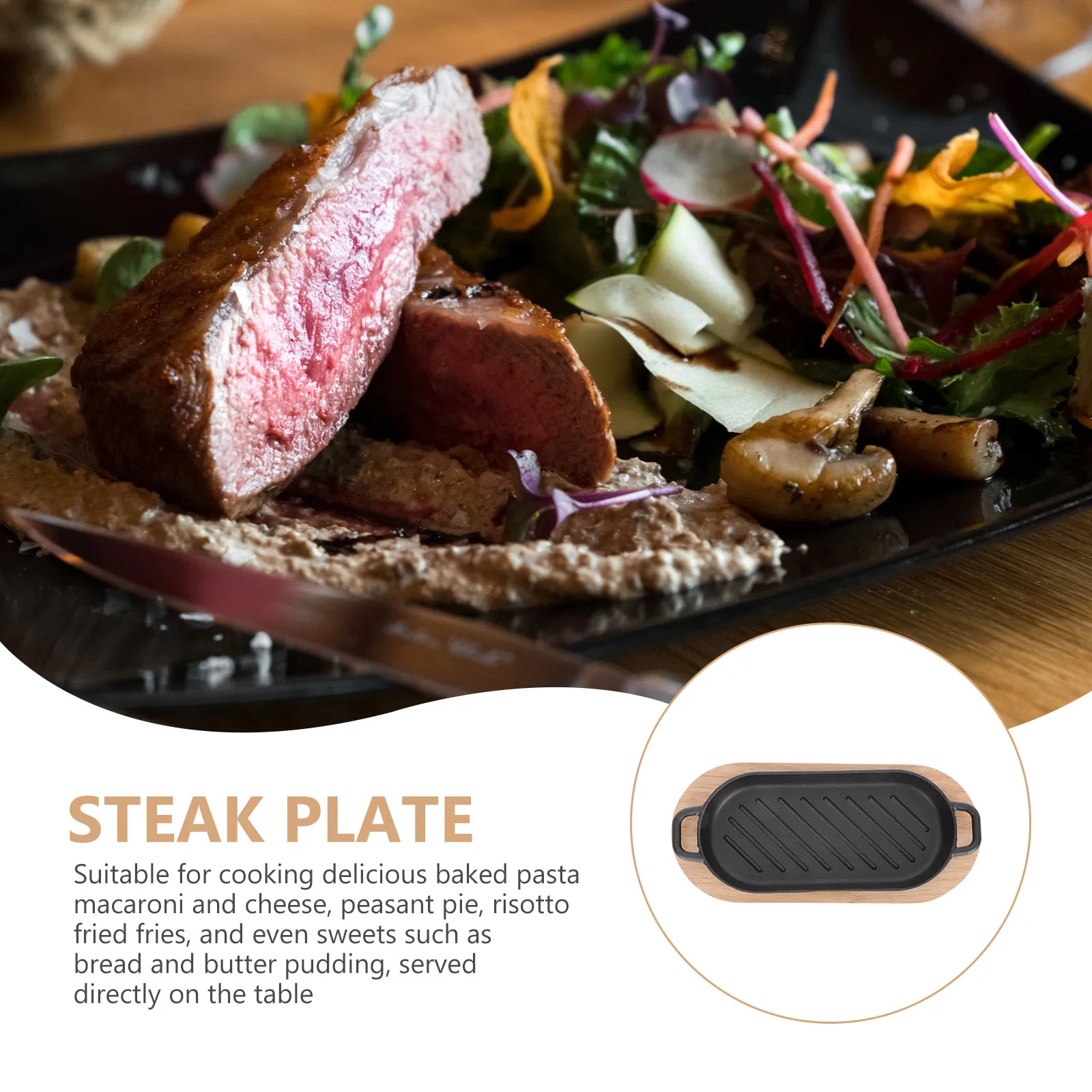 1Set Cast Iron Steak Plate Non-Stick Grill Pan for Steak Fish Teppanyaki Roasting Barbecue Dish Heat Retaining Wooden Base