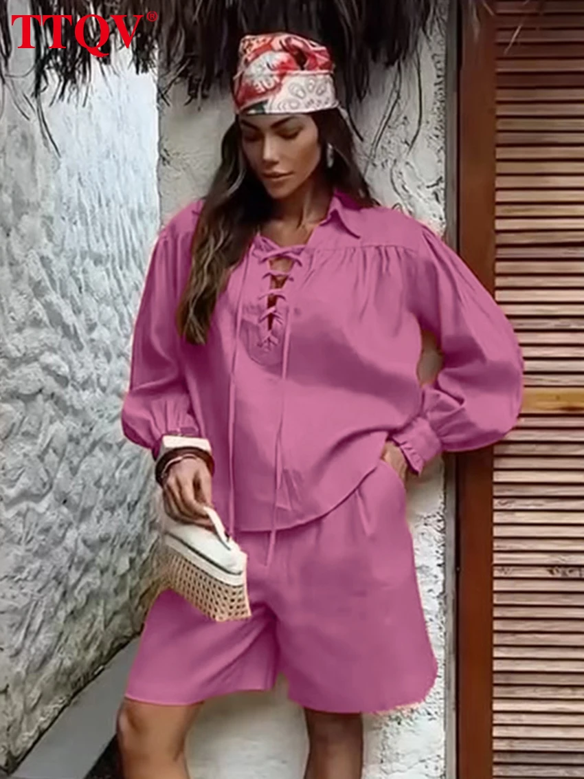 

TTQV Fashion Loose Pink Cotton Shorts Set 2 Piece Woman Elegant Long Sleeve Shirt With High Waist Shorts Set Female Clothing