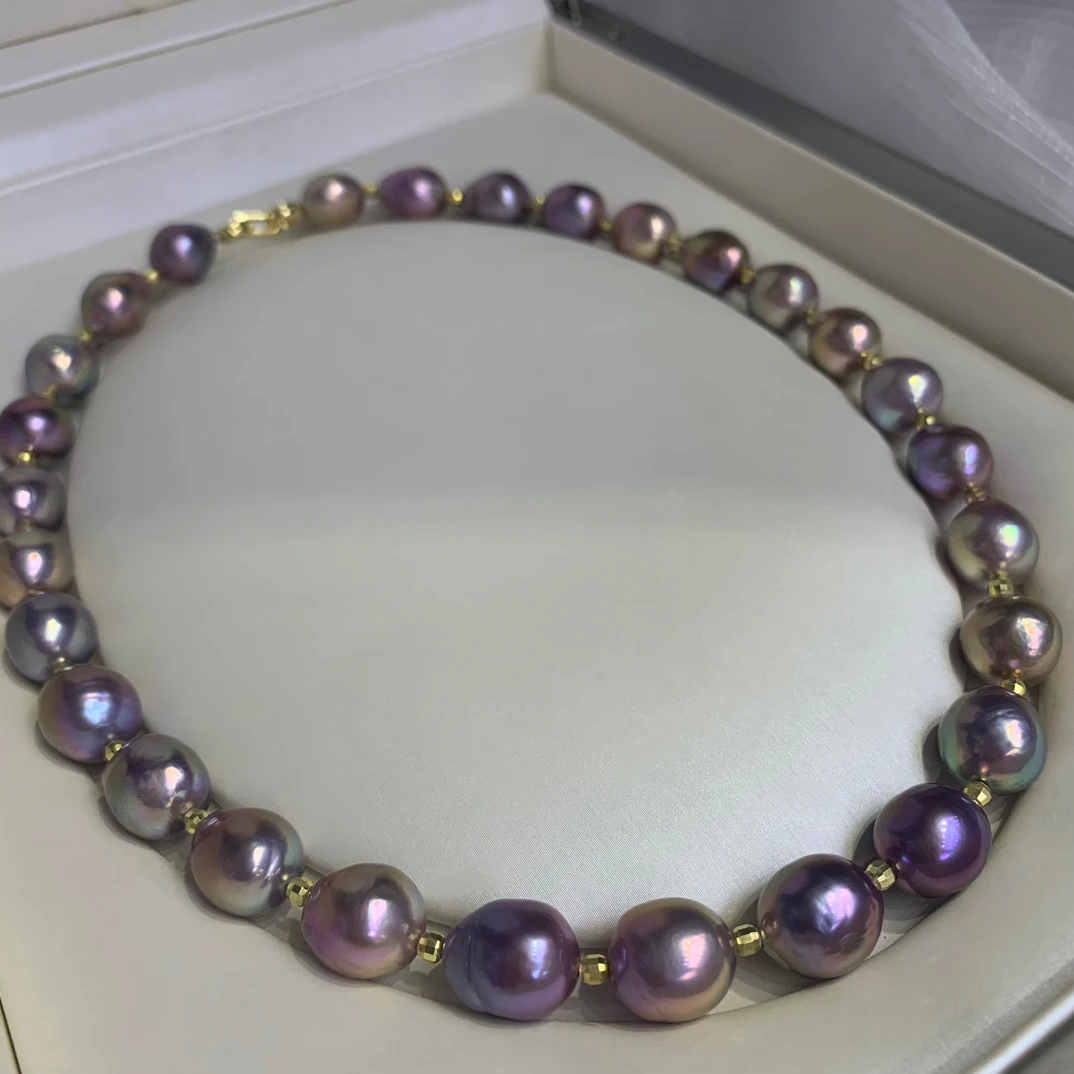 

10-12mm Natural Freshwater Dazzling Purple Baroque Shaped Pearl Necklace Big Size Irregular Rainbow Color Pearl Beaded Necklace