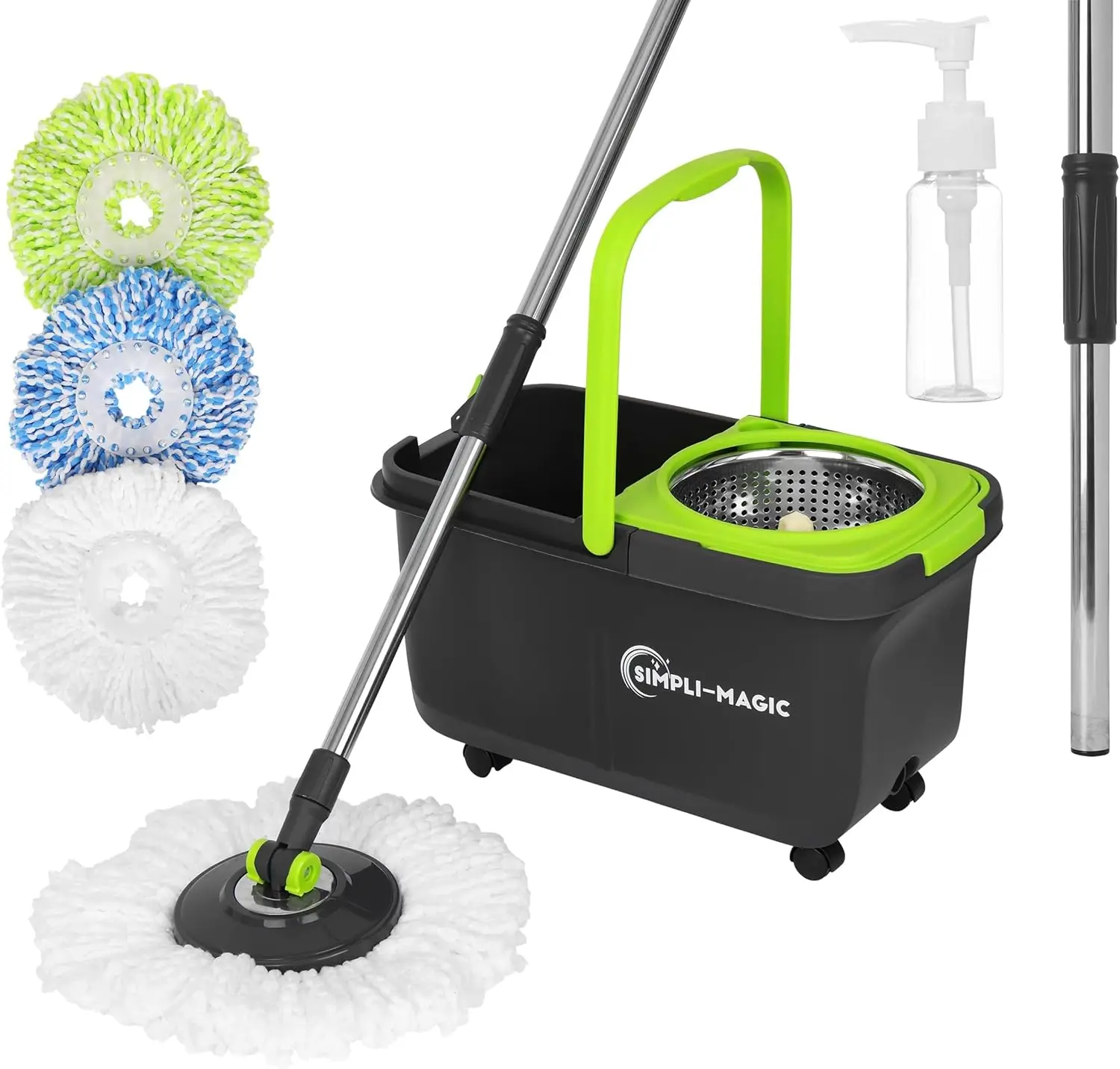 

360° Spin Mop & Bucket Set with Wringer, 3 Washable Microfiber Heads, Soap Dispenser for All Floor Cleaning