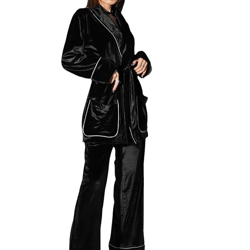 Fashion Black Velvet Female Pajamas Two-Piece Set Autumn Winter Long Sleeve Trouser Suits Lounge Wear Loose V-Neck Sleepwear image 4