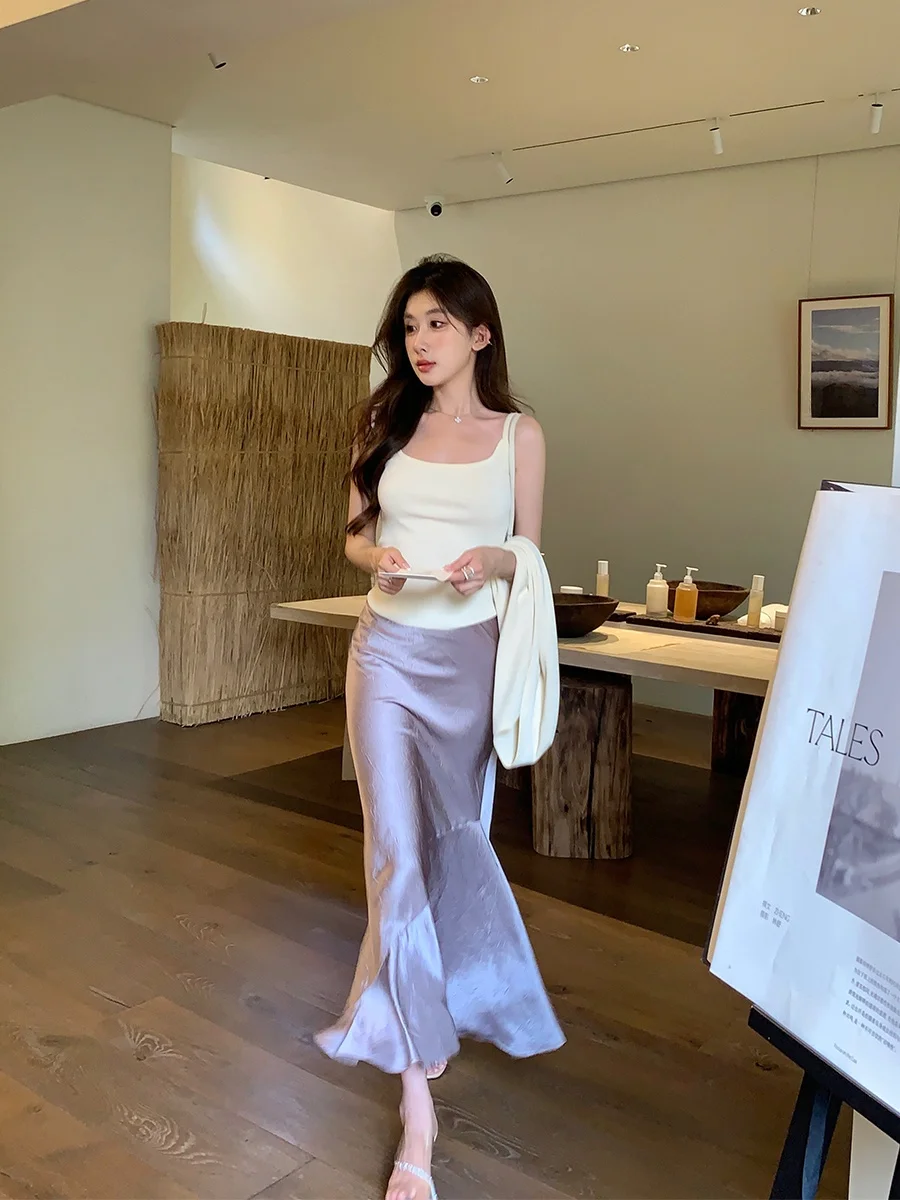 

Юбка-трапеция из атласной ткани с эффектом стройности, длинная, женская, с высокой талией, из полиэстера, от Da Ye Chi