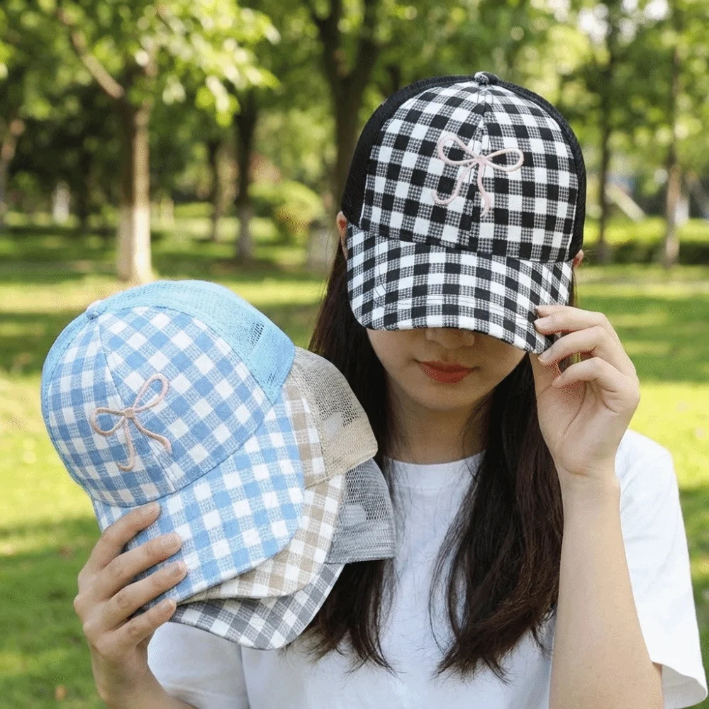 

New Versatile Women's Duck Tongue Visors Bow Embroidery Checkered Baseball Caps Curved Brim Adjustable Sun Hats Casual