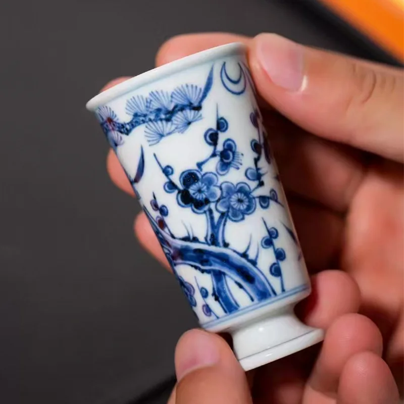 

Hand Painted Blue and White Flower Pine, Bamboo, Wintersweet Foot Fragrance-Smelling Cup Single Chinese Set Handmade Tea Tasting