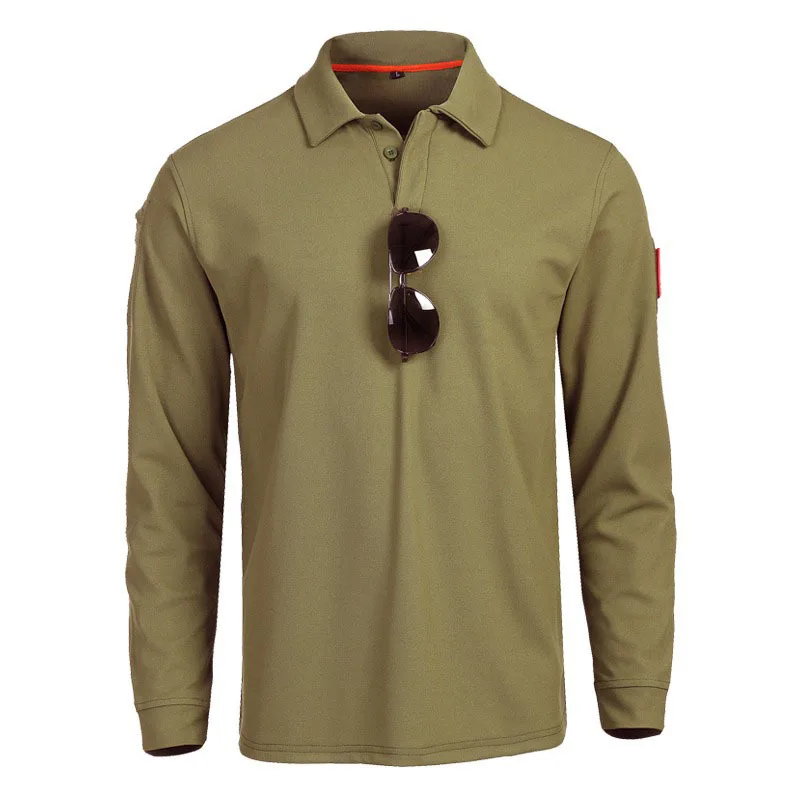 Mens 100% Polyester Long Sleeve Polo Shirt Summer Quick Dry Solid Army Green Square Collar T-shirts Sports Outside Tactical Tops