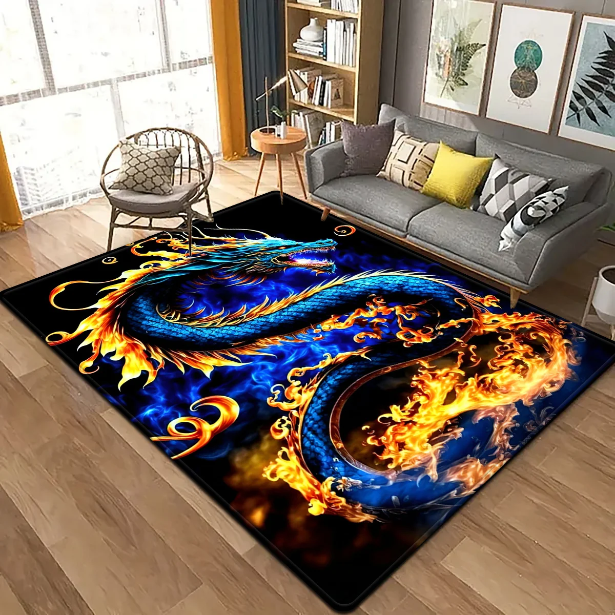 Vivid Flame Dragon Rug – Fiery Blue & Orange Dragon Design, Soft Fade-Resistant Polyester for Bedroom or Living Room - view 5