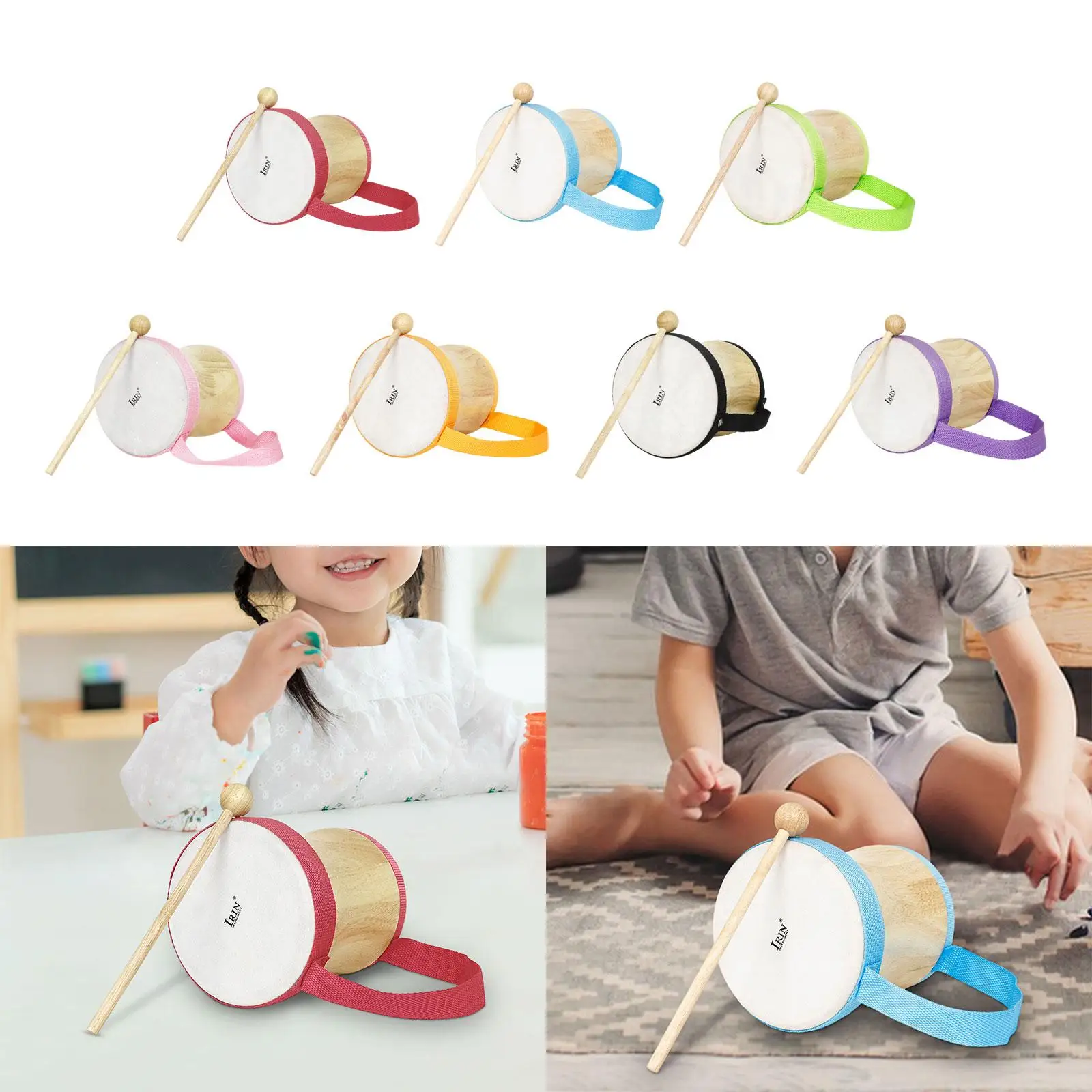 Kids Drum Set, Wooden Drum Set with Carry Strap, Wooden Drum Sticks Toy Drum Set Musical Instrument Drum Set for Girls Boys view 4