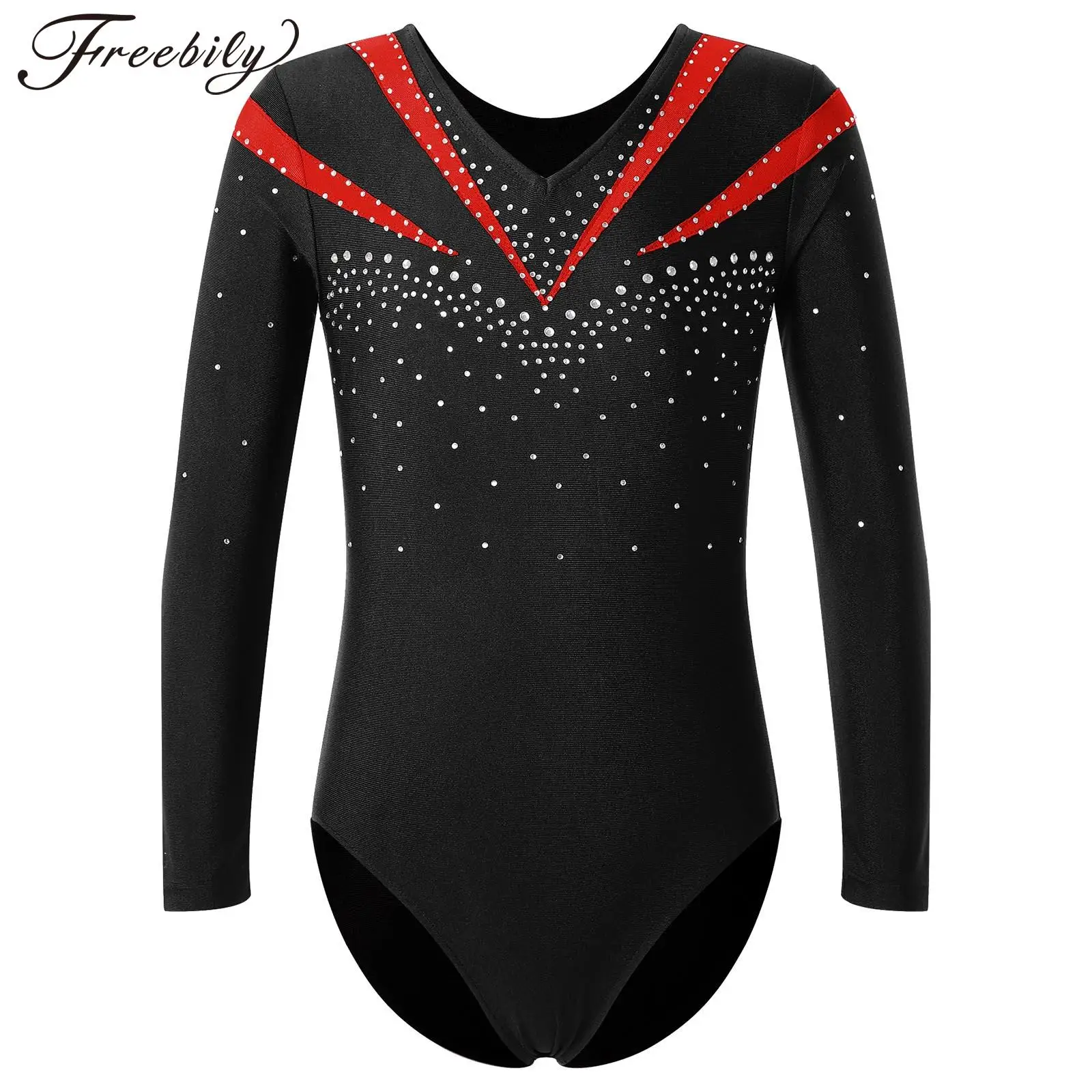 Kids Girls Ballet Dance Leotards Long Sleeve Shiny Rhinestone Gymnastics Workout Dance Competition Stage Performance Bodysuit