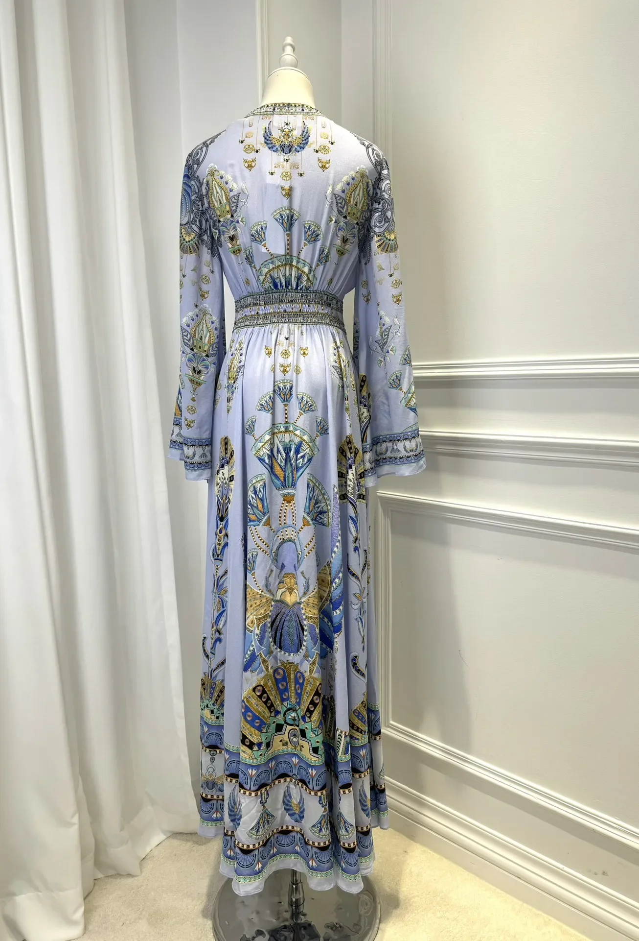 Women\'s 100% Silk Robe Beaded Flower Printed V-Neck Elastic Waist Long Sleeve Elegant Female Maxi Dress