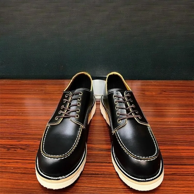 American Retro Low Top Workwear Men Shoes Japanese Casual Thick Soled Breathable Genuine Leather Office Outdoor Derby Shoes