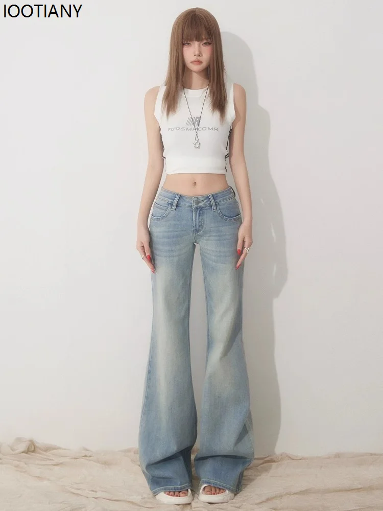 Slim Fit Simple Flared Jeans Women's High Fashion Casual British Style Light Color Street Work Low Rise Pants Classic Clothing