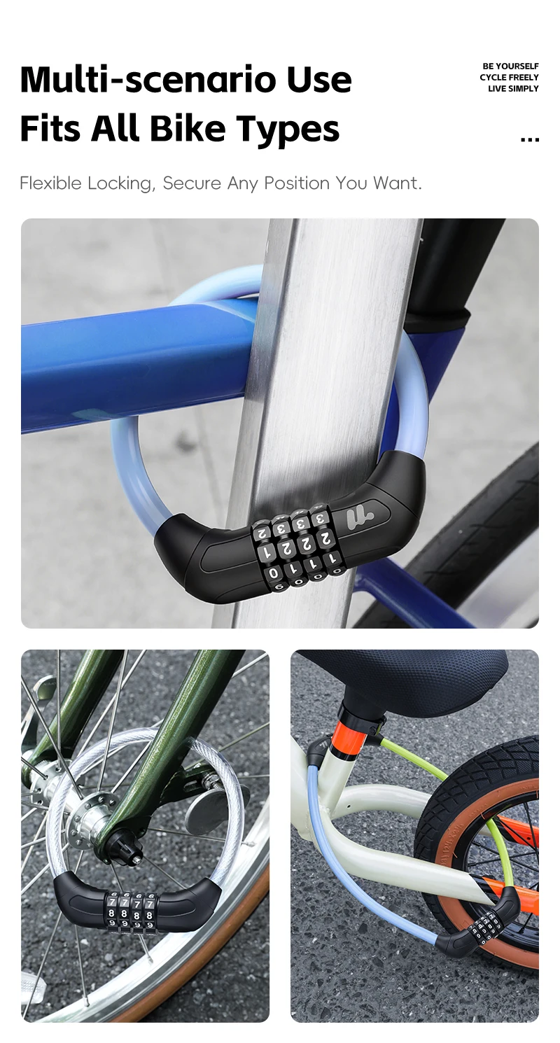 WEST BIKING Mini-Fahrradschloss, leicht, tragbar, 4-stelliges Passwort, Stahlkabel-Ringschloss, Zubehör für Rennräder und Mountainbikes, farbenfroh – Detail 13