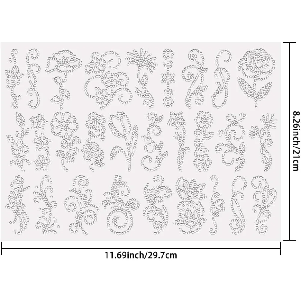 28PCS Flowers and Patterns Heat Transfer Rhinestones Bling Swirl Vines Iron On Transfers Decals DIY Hotfix Transfer Stickers