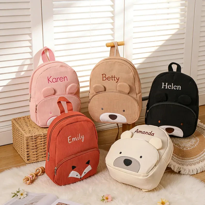 Personalisierter Kinderrucksack mit Namensstickerei, Pastellfarbener Cord-Kleinkindrucksack, Weicher Gerippter Stoff, Schulrucksack, Süßes Kindergarten-Geschenk – Detail 4