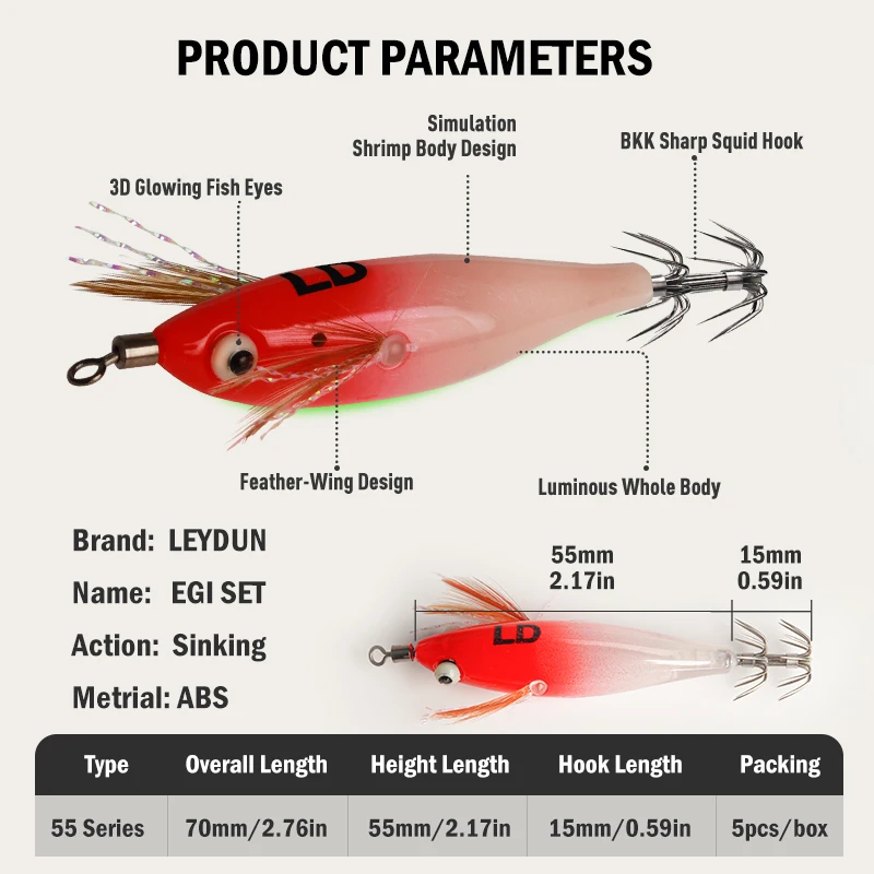    LEYDUN 5 قطعة/مجموعة مضيئة العين الأفقي خطاف الحبار الخشب الروبيان الحبار الأحمر والأخضر مضيئة BKK هوك الحبار الروبيان الطعوم